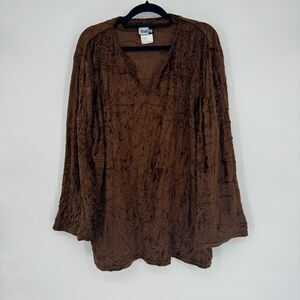 Vintage Heads Up Womens Crushed Velvet Popover Shirt Size 3X Brown Boho Neutral